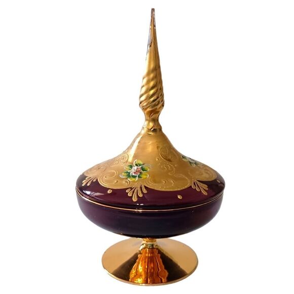 Ardalt Covered Dish Italy Gold Floral Amethyst Glass Gold Handpainted Vintage. - Picture 13 of 16